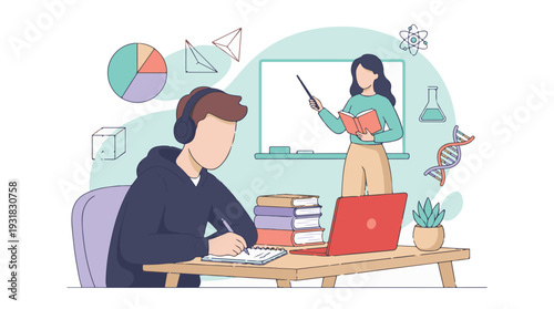 E-learning and distance education concept, student studying online with teacher