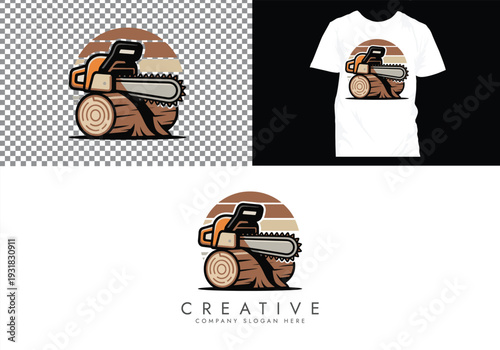 Lumberjack and Chainsaw Cutting logo, Woodcutting Tree Trunk Logo editable vector Design 