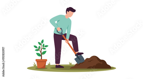 Man planting a sapling with a shovel and potted plant, gardening activity