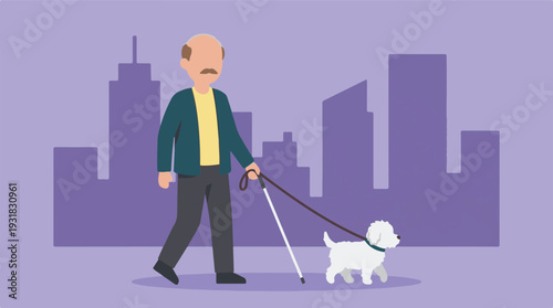 Elderly blind man walking with guide dog and white cane in urban setting