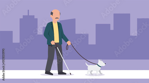 Visually impaired man walking with a guide dog in a city illustration
