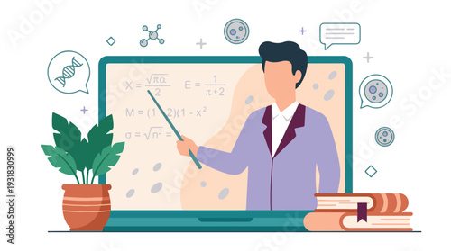 Online Science and Math Education with Teacher Explaining Formulas on Laptop