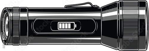 Black flashlight vector illustration, detailed portable torch light icon, realistic emergency lantern design, isolated on white background, camping equipment graphic