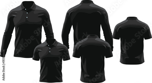 Black polo shirt mockup set vector illustration, long sleeve and short sleeve template isolated on white background apparel design collection