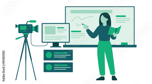 Female teacher recording online lesson for e-learning with camera and computer setup