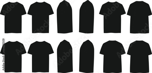 Black t shirt mockup set, front back and side views, blank apparel template vector illustration isolated on light background