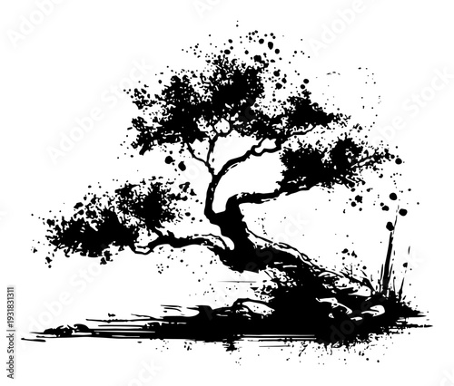 Stylized gnarled bonsai tree silhouette in black ink wash and splatter style