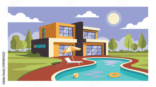 Modern house with swimming pool, contemporary architecture illustration