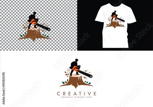 Lumberjack and Chainsaw Cutting logo, Woodcutting Tree Trunk Logo editable vector Design 