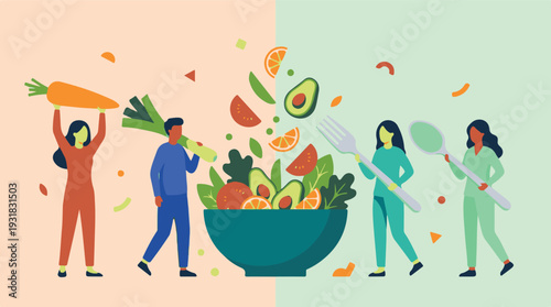 Vector illustration of diverse people preparing healthy fresh salad