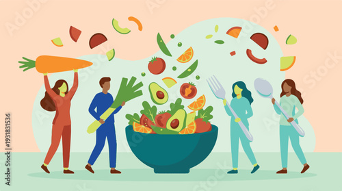 Diverse group of people preparing a large healthy salad with fresh ingredients