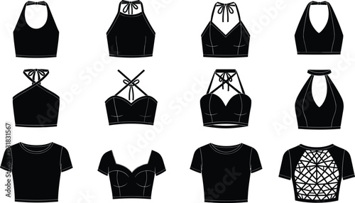 Black women crop top silhouettes set, various neckline styles sports bra vector collection, isolated fashion illustration template bundle