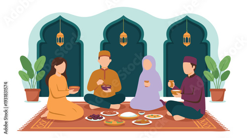 Muslim family and friends enjoying Iftar meal during Ramadan celebration