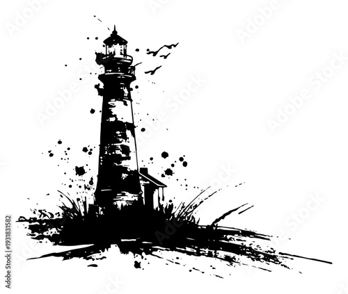 Lonely lighthouse on a rocky shore with flying birds in expressive black ink style