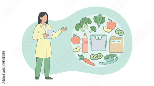 Nutritionist explaining a healthy diet plan with food and weight management tools