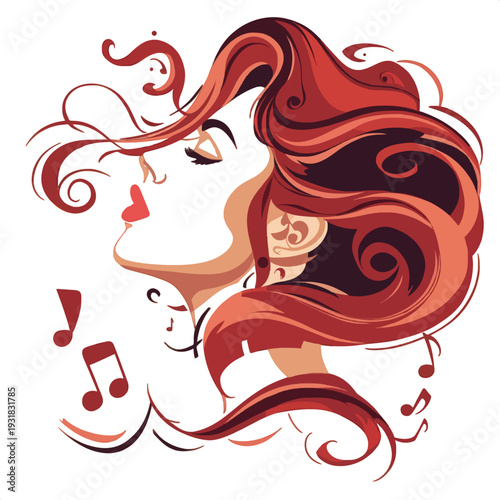 A vibrant illustration of a woman singing with musical notes and swirling hair