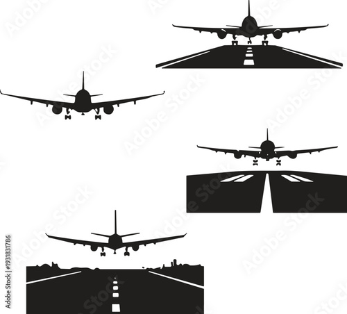 Airplane landing runway silhouettes, aviation travel icons, aircraft approach front view illustration, airport transportation graphic design, jet plane descent symbols, flat vector