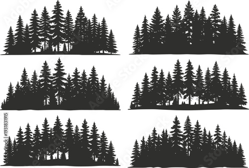 Dense coniferous forest silhouettes, pine tree woodland icons, evergreen nature landscape illustration, environmental design elements, outdoor wilderness scenery graphics, flat vector