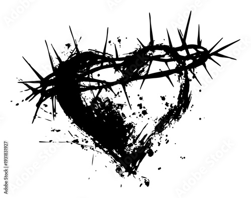 Sacred heart wrapped in crown of thorns grunge ink vector illustration