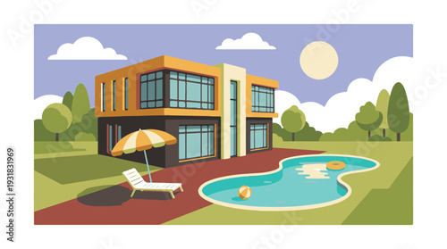 Modern house with swimming pool and lounge area on a sunny summer day