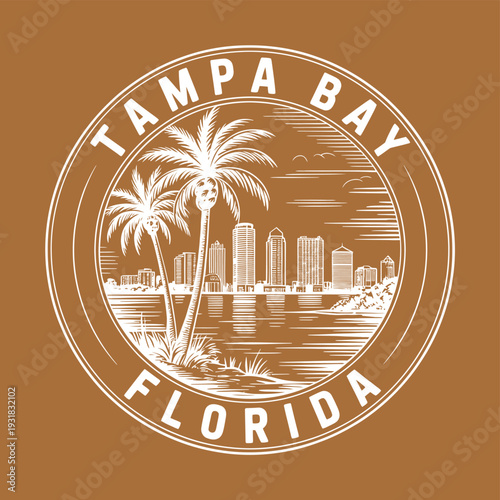 Cuadro en lienzo Vintage style emblem featuring tampa bay florida skyline and palm trees