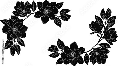 Black silhouette of elegant magnolia flower branches with blooming petals and leaves, isolated botanical vector illustrations for floral wedding decor and spring design.