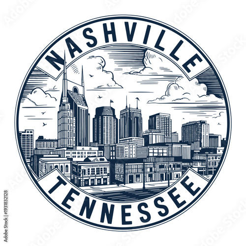Vintage style nashville tennessee skyline illustration within a circular emblem