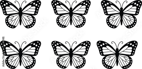 Set of black butterfly silhouettes featuring detailed wing patterns and delicate antennae isolated on white background for nature design flat vector (20 words)