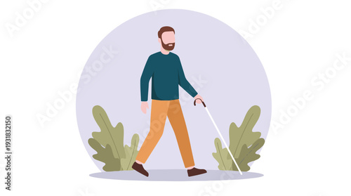 Visually impaired man walking with a white cane, flat vector illustration
