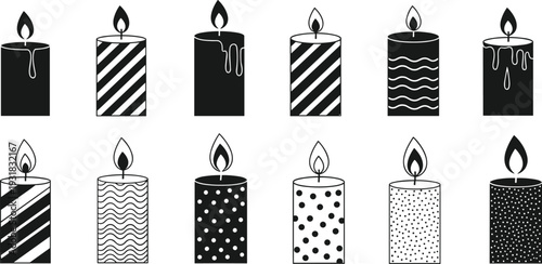 Candle collection vector illustration, decorative burning candles with various patterns black and white silhouette set isolated