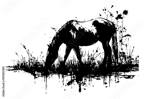 Artistic silhouette of a horse grazing in the grass with black ink splatters and grunge textures