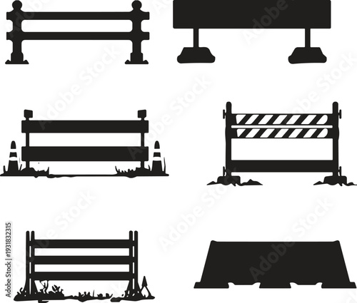 Set of construction barrier silhouettes featuring road blocks, safety fences, and traffic barricades isolated on white background for industrial design flat vector (20 words)
