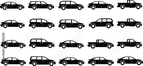 Car silhouettes collection set, sedan suv wagon and pickup truck vector icons isolated on white background transportation illustration bundle