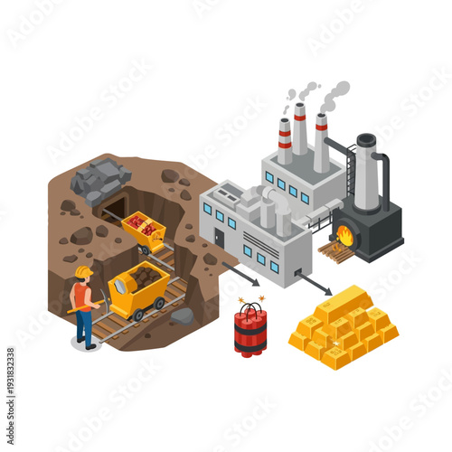 Isometric Gold Mining and Processing Plant with Workers and Gold Bars.