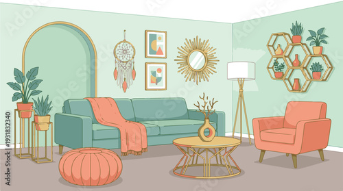 Stylish living room interior illustration with modern bohemian decor