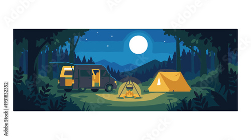 Night camping scene with camper van, tent, campfire, and full moon in forest