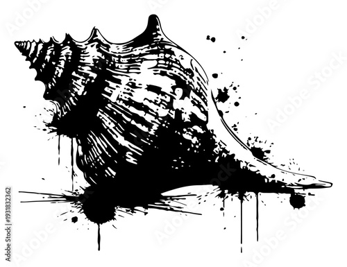 Stylized sea shell silhouette in black ink wash style with artistic grunge splatters
