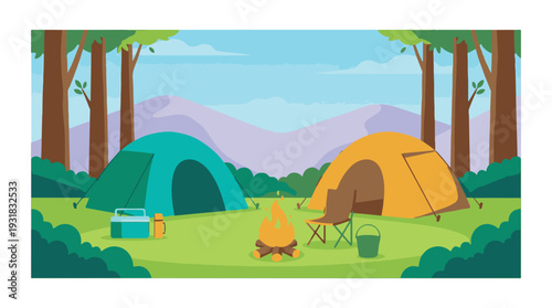 Vibrant cartoon illustration of a summer camping scene with tents and campfire