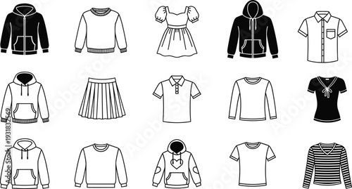 Clothing collection outline icons set, casual apparel vector illustration pack with hoodie, dress, shirt, skirt and sweater isolated on light background