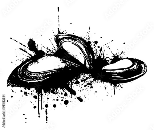 Group of mussels or clams in shells rendered in black ink splatter technique