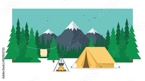 Outdoor camping adventure with tent, campfire, and mountain landscape