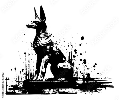 Ancient Egyptian god Anubis statue in artistic grunge ink splash style