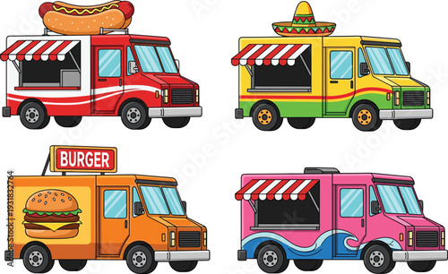 Colorful food truck collection set, burger hot dog taco and ice cream vans vector illustration, street fast food catering vehicles