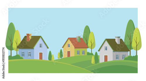 Suburban neighborhood with colorful houses on green hills, flat illustration