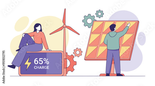 Sustainable energy concept with people, solar panels, wind turbine, and battery charge