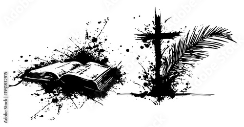 Holy Bible with Christian cross and palm branch in grunge ink style