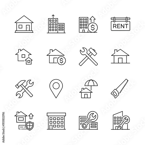 Property and housing line icons for real estate website UI