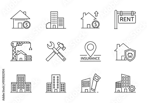 Property and housing line icons for real estate website UI
