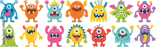 Set of cute colorful cartoon monster characters featuring friendly aliens with one eye and multiple eyes isolated on white background flat vector (20 words)