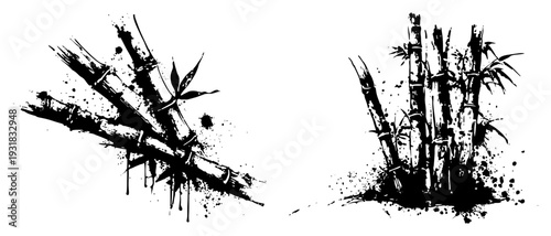 Artistic bamboo stalks silhouette in oriental ink wash and splatter style